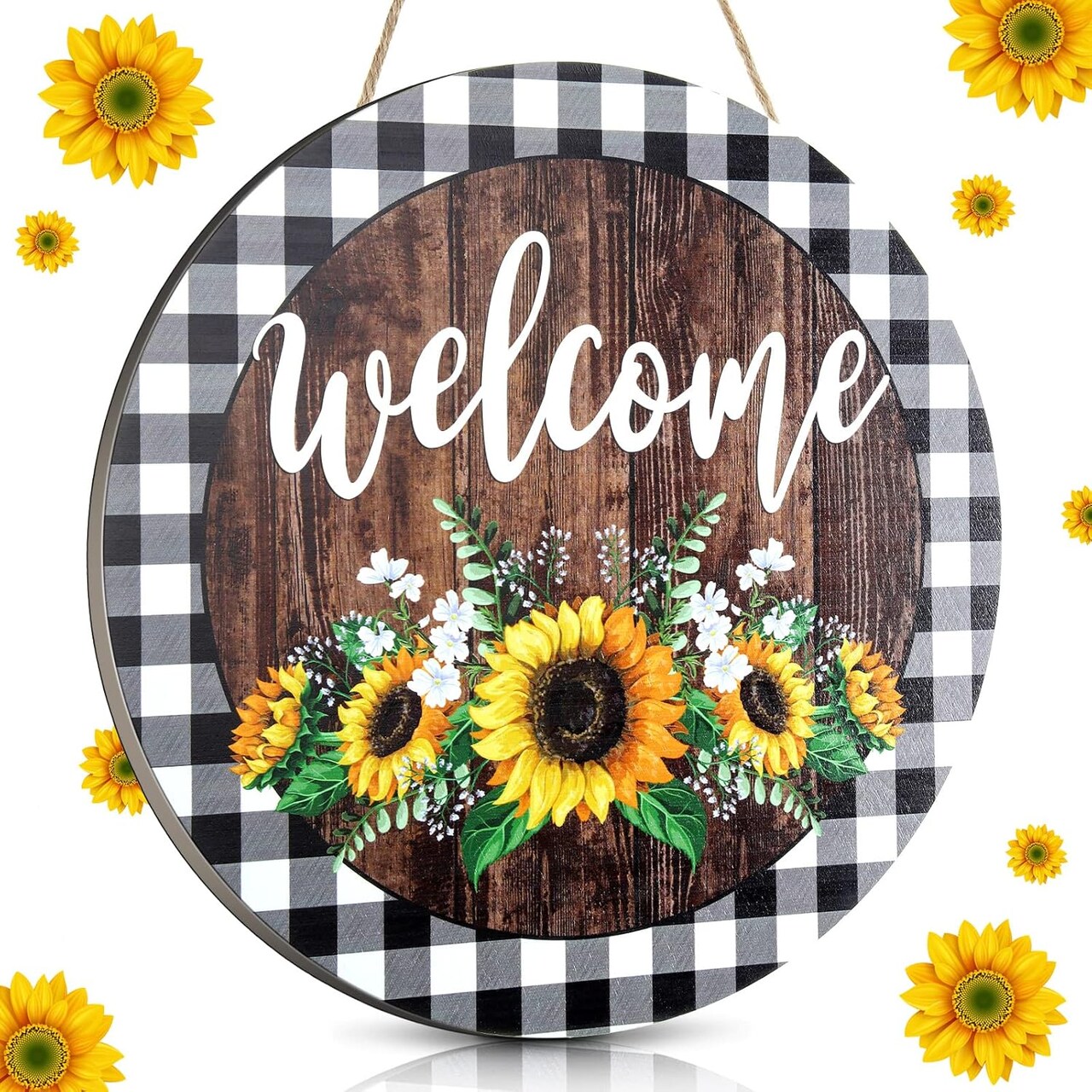 12 x 12 Inches Sunflower Welcome Sign – Round Wooden Art Wreath for Summer Front Door, Farmhouse Porch, and Wall Decor
